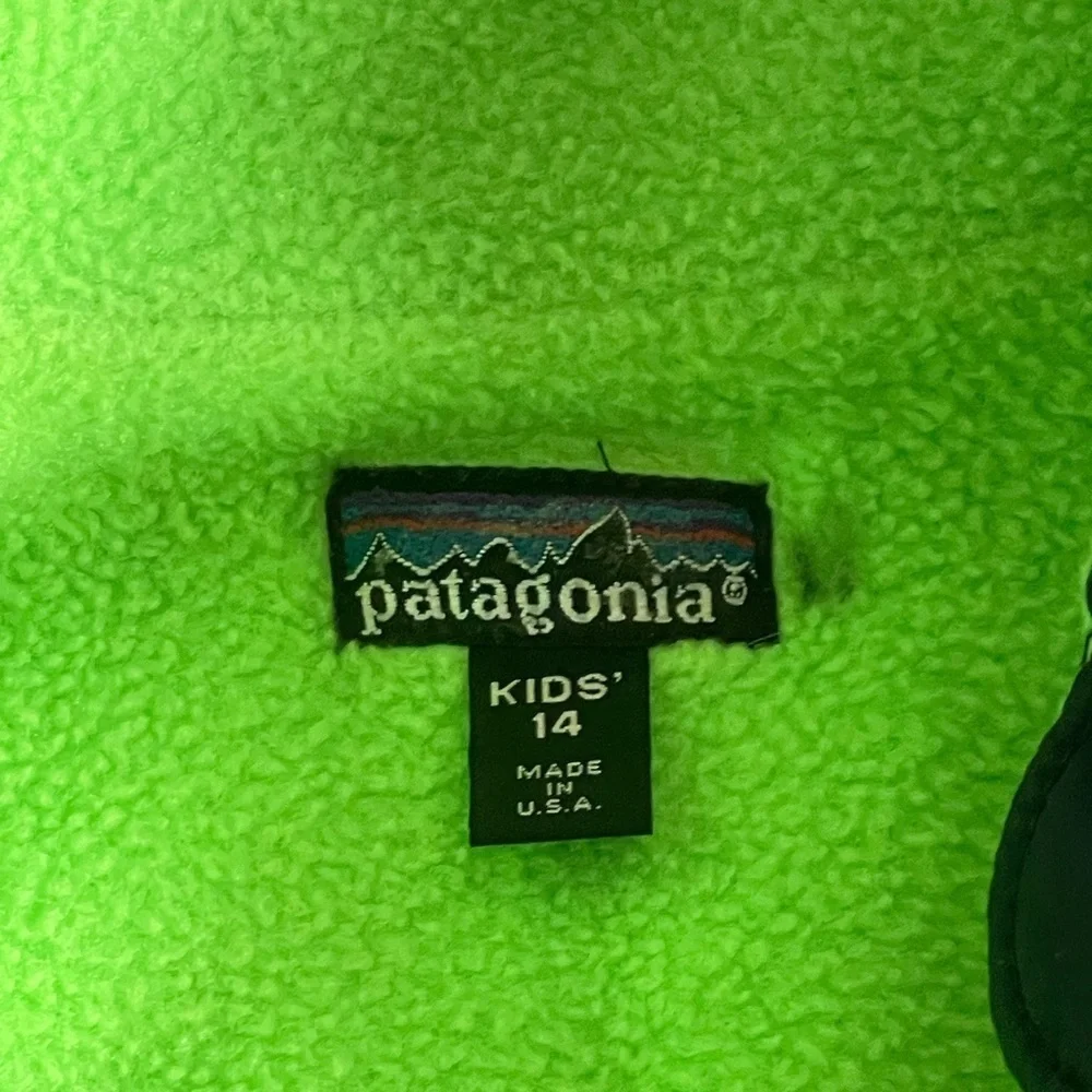 Patagonia Bomber Jacket Kids 14 Fleece Lined Winter Zip Navy Blue Green Made USA